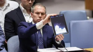 Israeli Ambassador to the UN Gilad Erdan shows a video of Iran's attack on Israel during a United Nations Security Council meeting at UN headquarters in New York City on April 14, 2024.